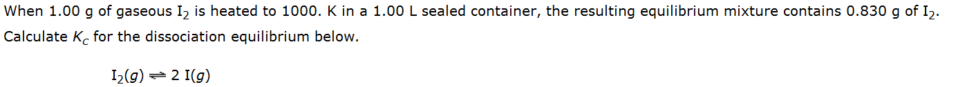 Solved When 1.00 g of gaseous I2 is heated to 1000. K in a | Chegg.com