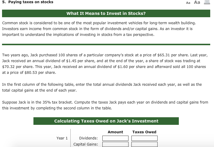 Solved 5. Paying taxes on stocks Aa Aa E What It Means to