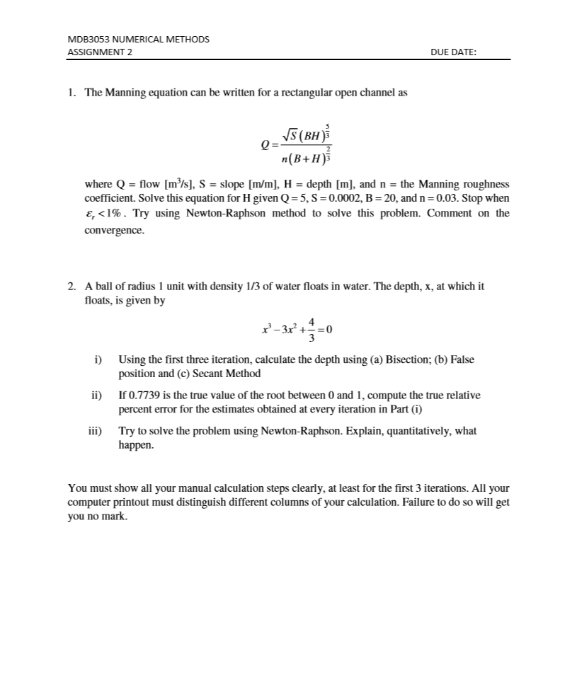 Solved The Manning Equation Can Be Written For A Rectangular | Chegg.com