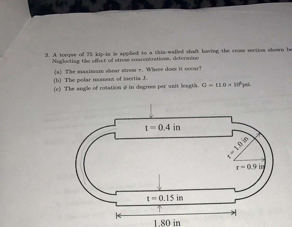 Solved 3 A Torque Of 75 Kip in Is Applied To A Thin walled Chegg