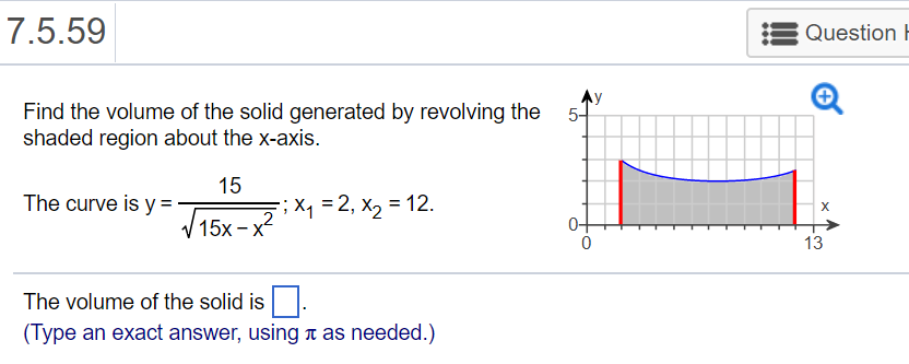 Solved 7.5.59 Question Find the volume of the solid | Chegg.com