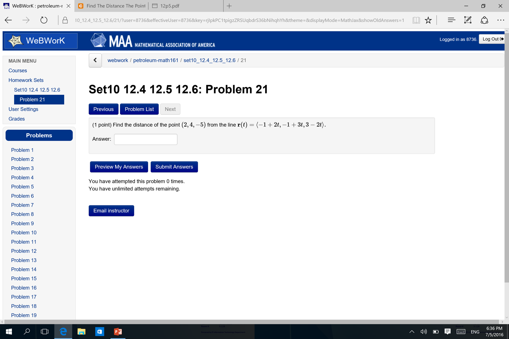 Solved Find The Distance Of The Point 2 4 5 From The Chegg