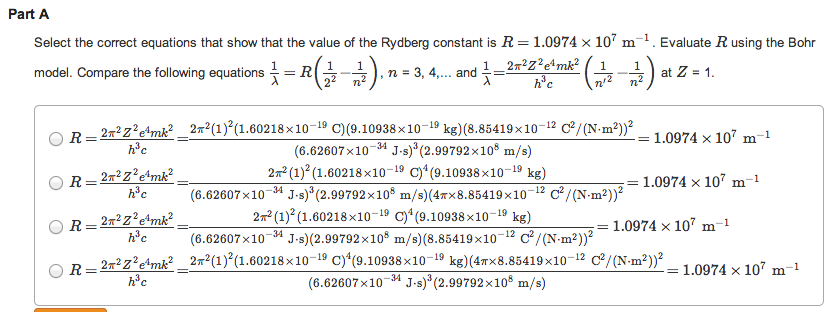 R Value Rydberg Constant Solved Select the correct equations that show that the value | Chegg.com