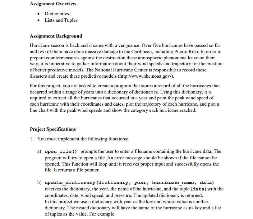 Solved Assignment Overview Dictionaries Lists and Tuples | Chegg.com