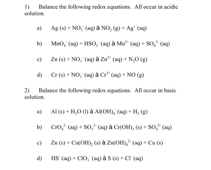 Solved Balance the following redox equations. All occur in | Chegg.com
