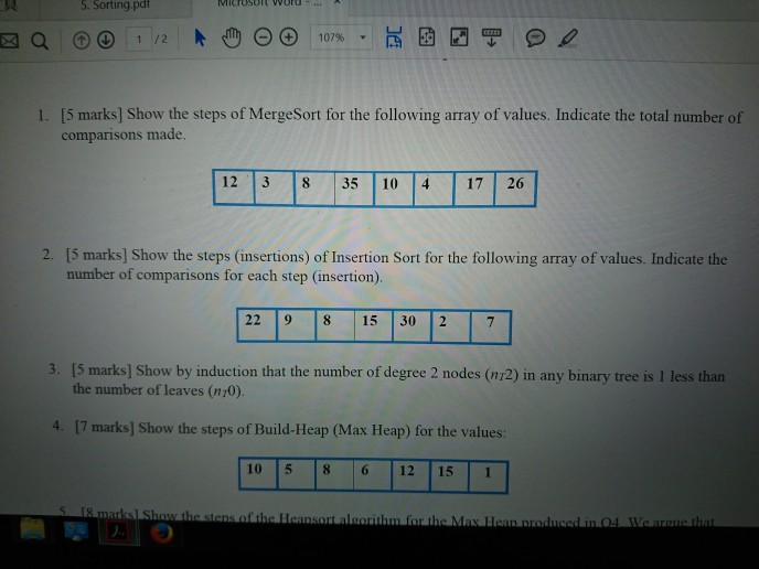 Solved 5. Sorting pdf -) (+) | 107% [5 marks] Show the steps | Chegg.com