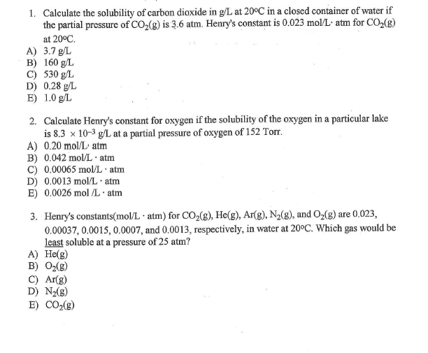 Solved Calculate the solubility of carbon dioxide in g/L at | Chegg.com