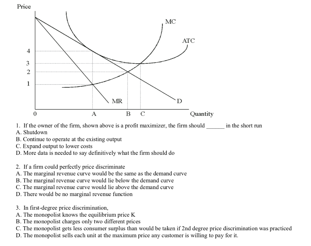 Solved Price MC ATC 2 MR 0 B C Quantity in the short run 1. | Chegg.com