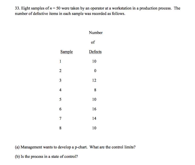 Solved Eight samples of n = 50 were taken by an operator at