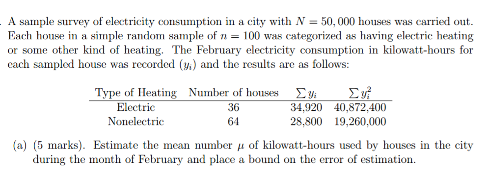 A Sample Survey Of Electricity Consumption In A City | Chegg.com