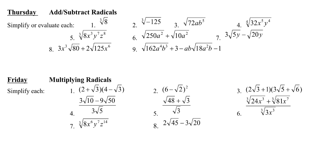 Solved Thursday Add/Subtract Radicals Simplify or evaluate | Chegg.com