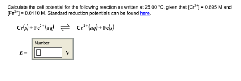 Solved Calculate the cell potential for the following | Chegg.com