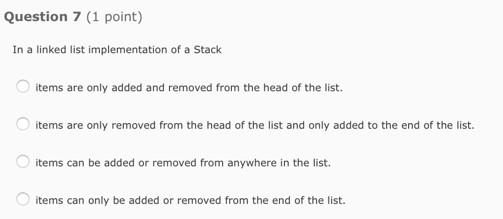 Solved Question 7 (1 point) In a linked list implementation | Chegg.com