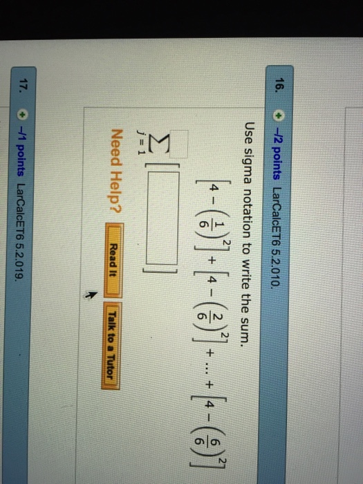 Solved Use sigma notation to write the sum. [4-(1/6)^2 + [4- | Chegg.com
