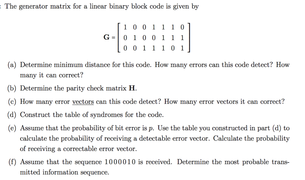 Solved The generator matrix for a linear binary block code