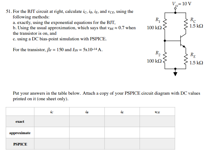 Solved For the BJT circuit at right, calculate iC, iB, iE,