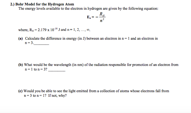 Solved Bohr Model for the Hydrogen Atom The energy levels | Chegg.com