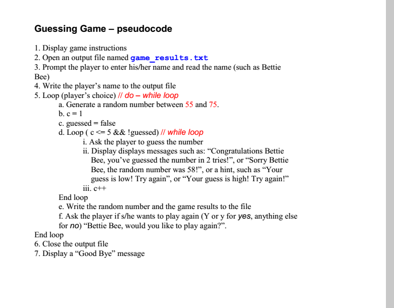 Solved Guessing Game - pseudocode 1. Display game | Chegg.com