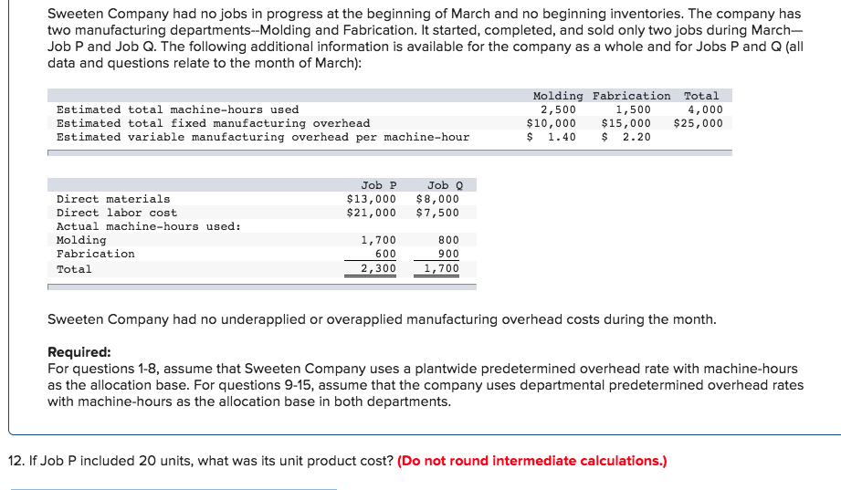 Solved Sweeten Company had no jobs in progress at the | Chegg.com