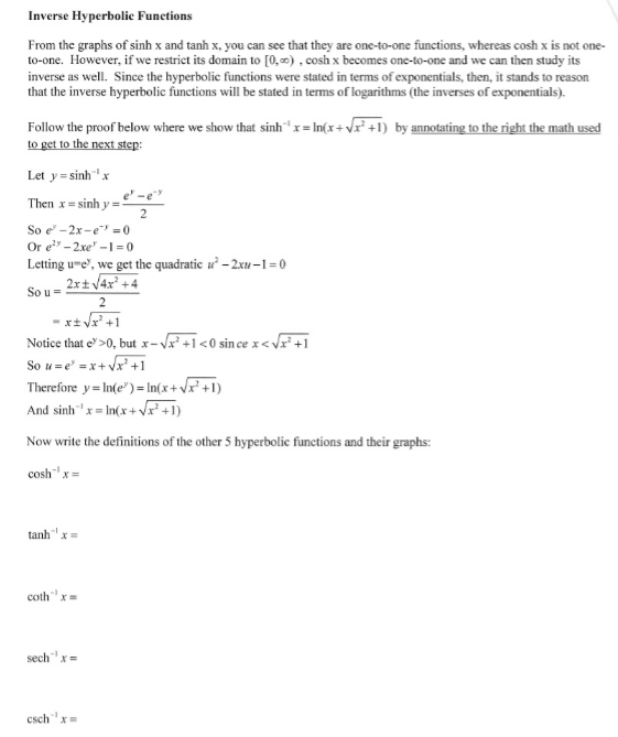 Solved From the graphs of sinh x and tanh x, you can see | Chegg.com