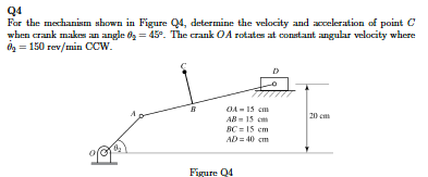 Solved For the mechanism shown in Figure Q4, determine the | Chegg.com