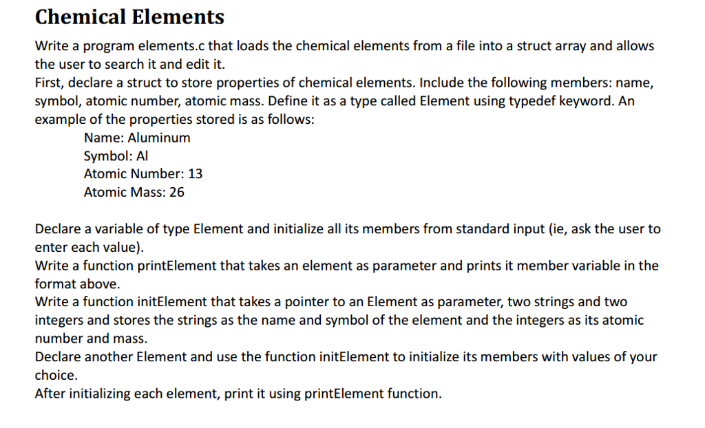Solved Write a program elements.c that loads the chemical | Chegg.com