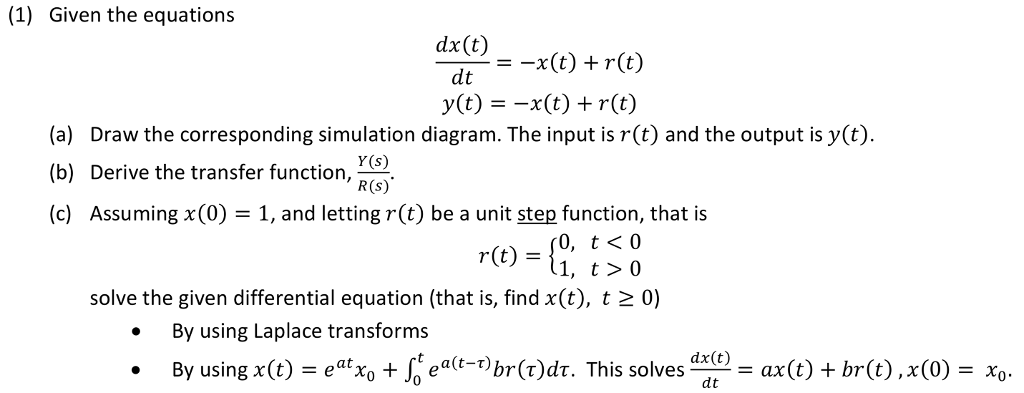 Solved (1) Given The Equations Dx(t) Dt -=-x(t) + R(t) Y(t) 