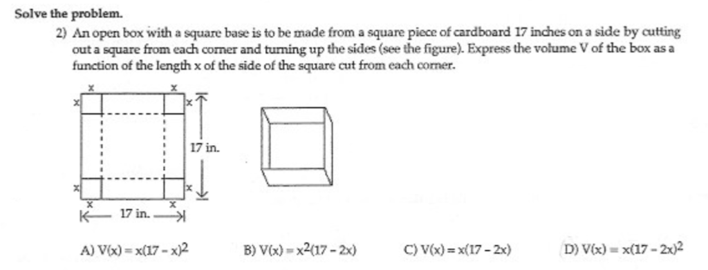 Solved Solve the problem 2) An open box with a square base | Chegg.com