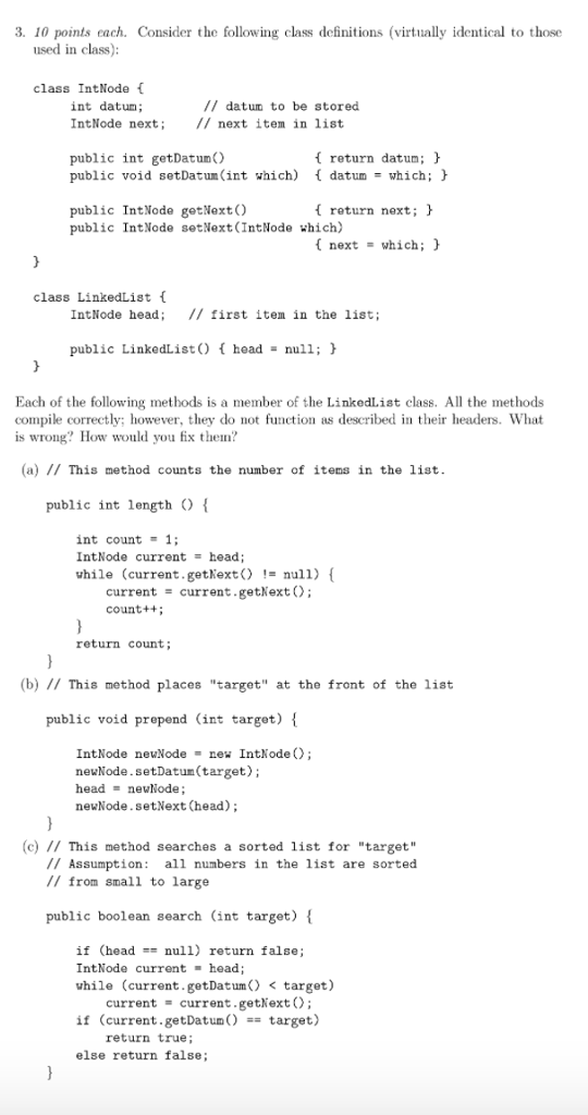Solved 3. 10 points each. Consider the following class | Chegg.com