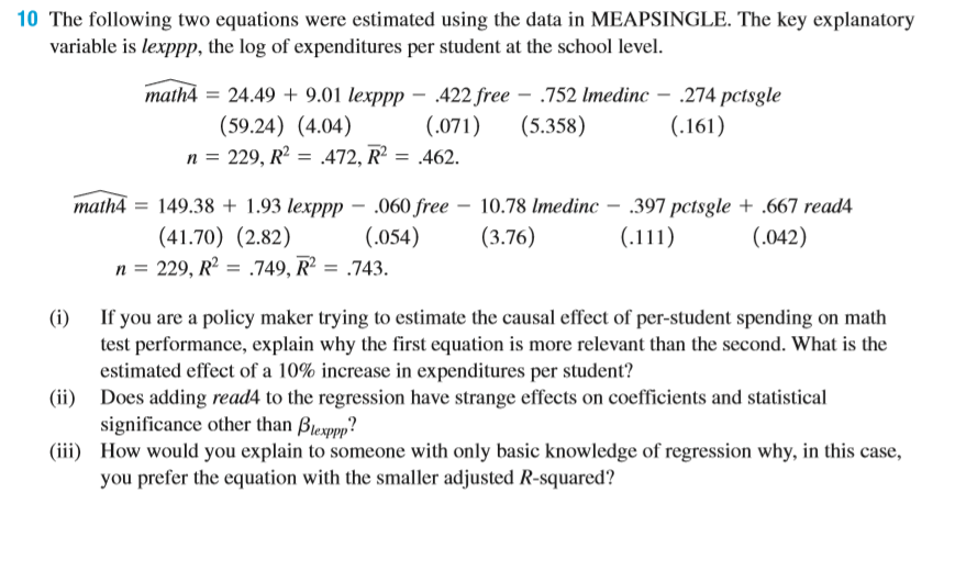 Solved 10 The following two equations were estimated using | Chegg.com