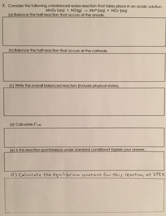 Solved Consider The Following Balanced Redox Reaction Write Chegg Com
