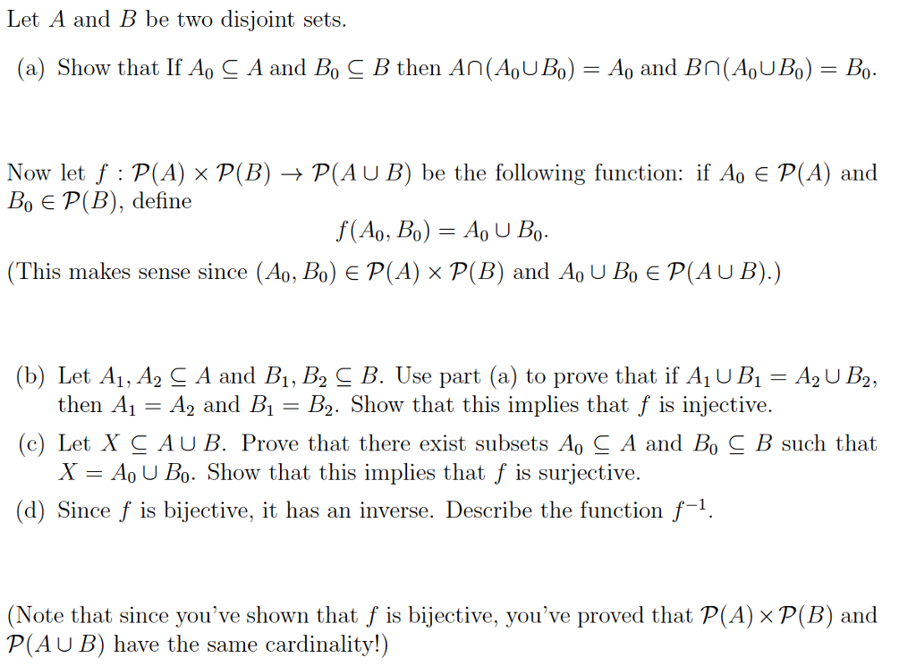 Solved Let A And B Be Two Disjoint Sets (a) Show That If Ao | Chegg.com