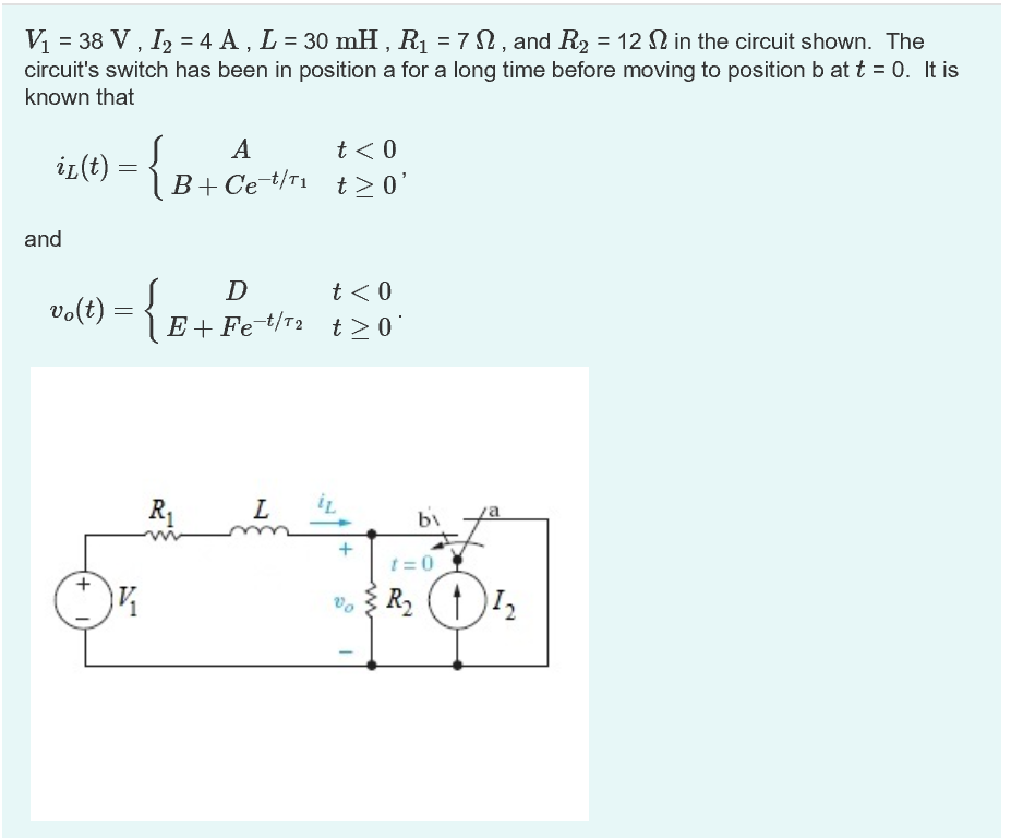 Solved V1 = 38 V , 12 4 A , L = 30 mH , R1 = 7 ? , and R2 _ | Chegg.com