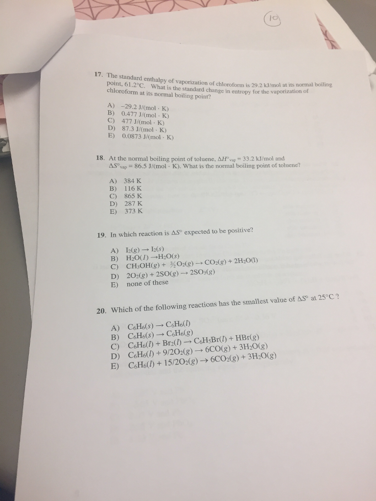 Solved 17. The standard enthalpy of vaporization of | Chegg.com