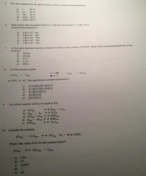 Solved The rate constant k for the above reaction will be;