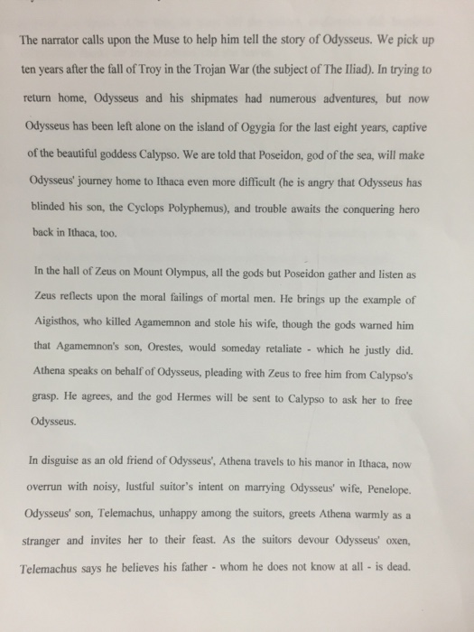 I need a summary of the odyssey book 1 based on the chegg