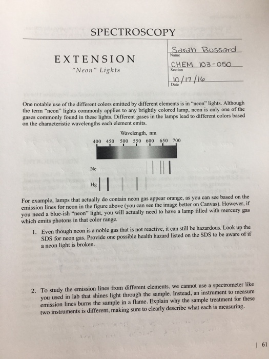 Solved SPECTROSCOPY Name EXTENSION 
