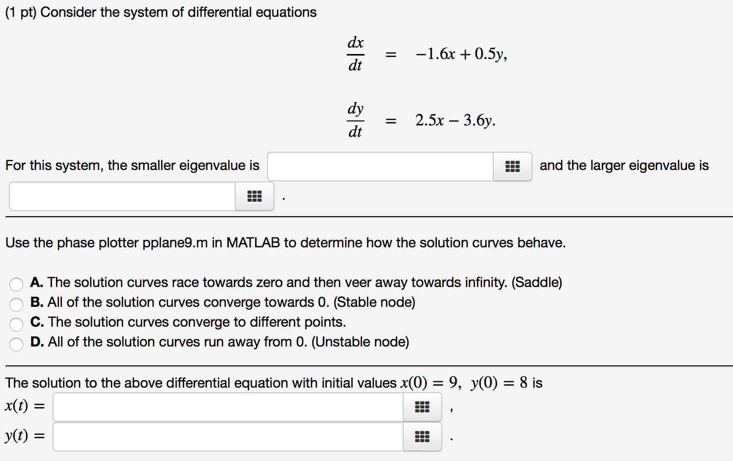 Solved (1 pt) Consider the system of differential equations | Chegg.com