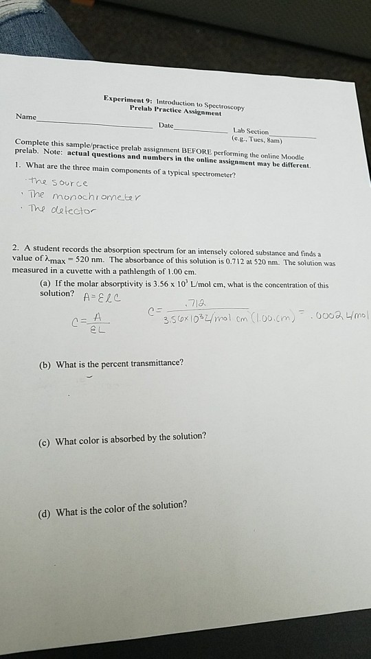 Solved Experiment 9 Introduction to Spectroscopy Prelab