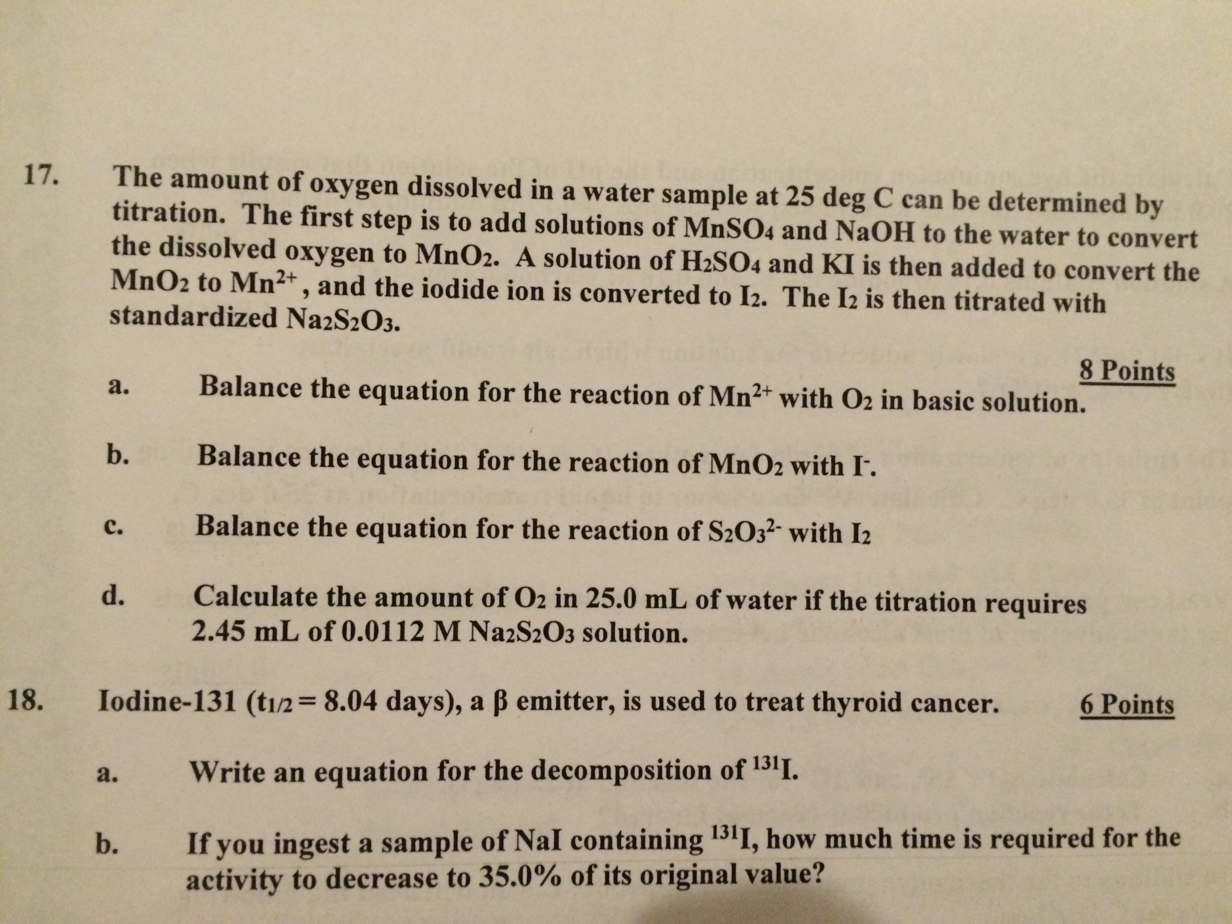 Solved The amount of oxygen dissolved in a water sample at | Chegg.com