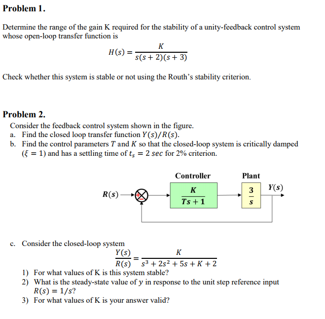 Solved Problem Determine The Range Of The Gain K Required | Chegg.com