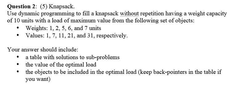 Use dynamic programming to fill a knapsack without | Chegg.com