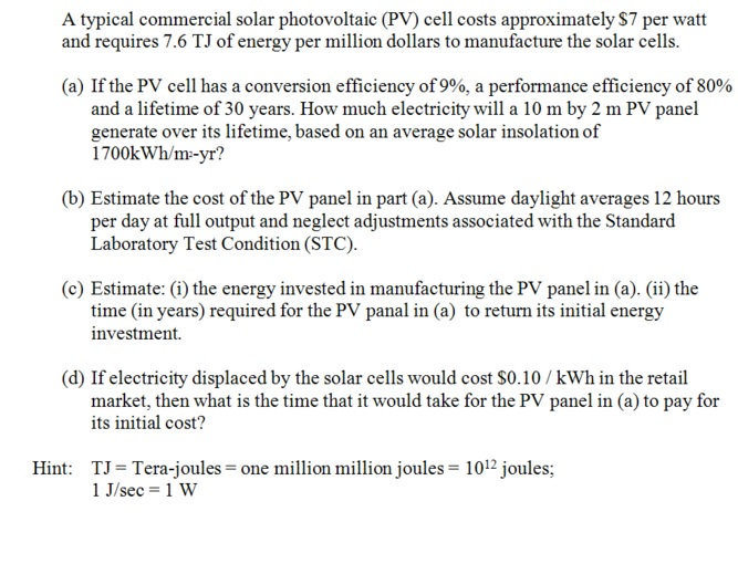 Solved A Typical Commercial Solar Photovoltaic (pv) Cell 