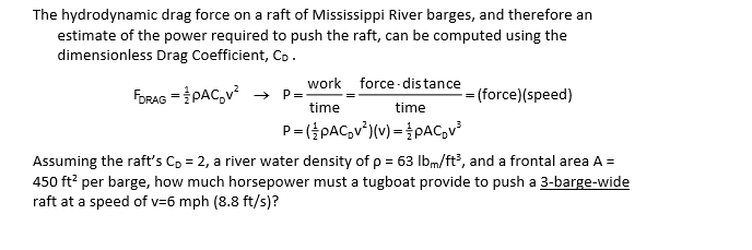 Solved The hydrodynamic drag force on a raft of Mississippi | Chegg.com