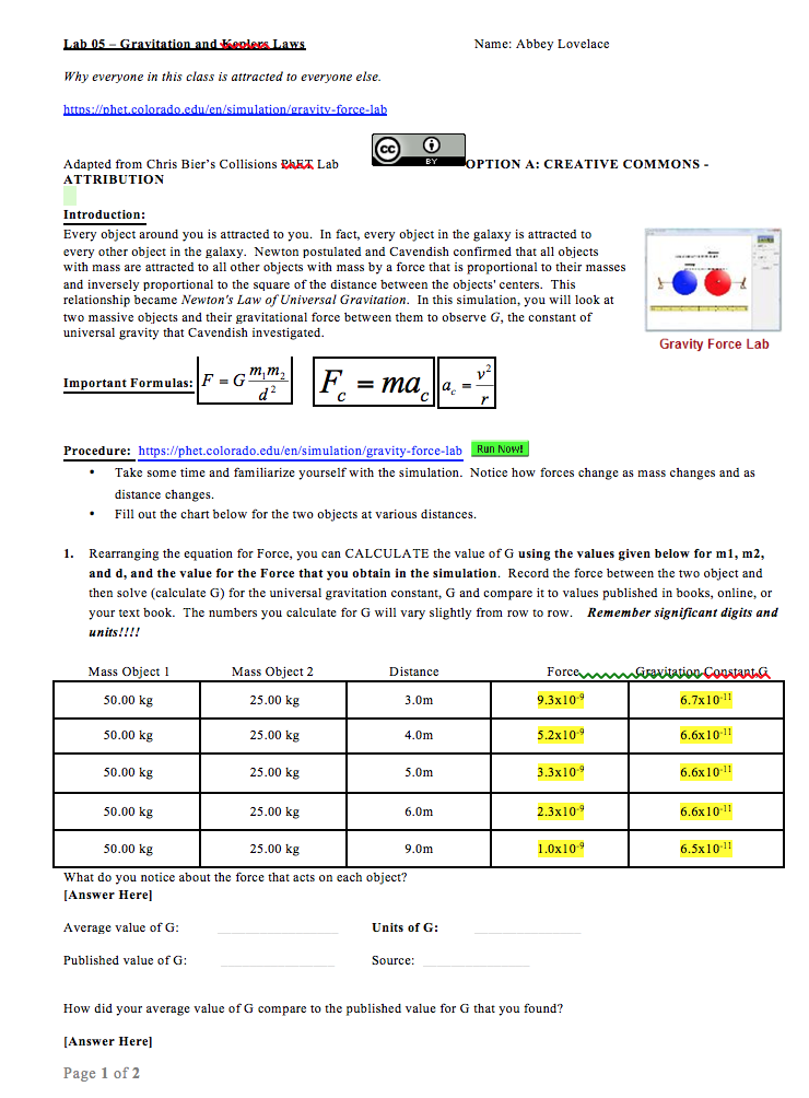 Phet Gravity Force Lab Worksheet Answers GustavoGargiulo Free 