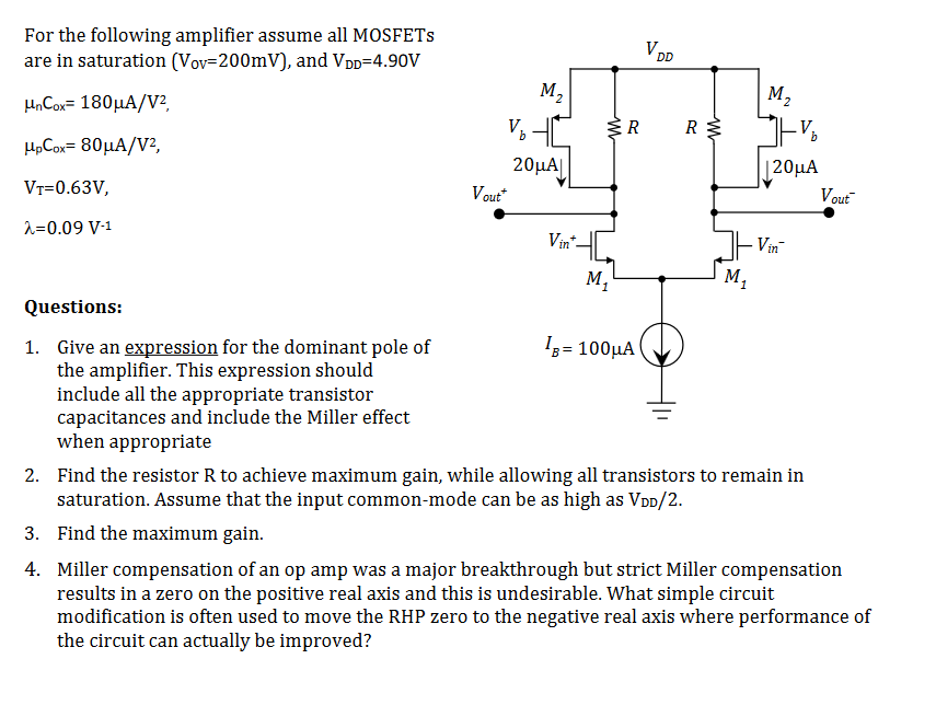 Solved For The Following Amplifier Assume All MOSFETs Are In | Chegg.com