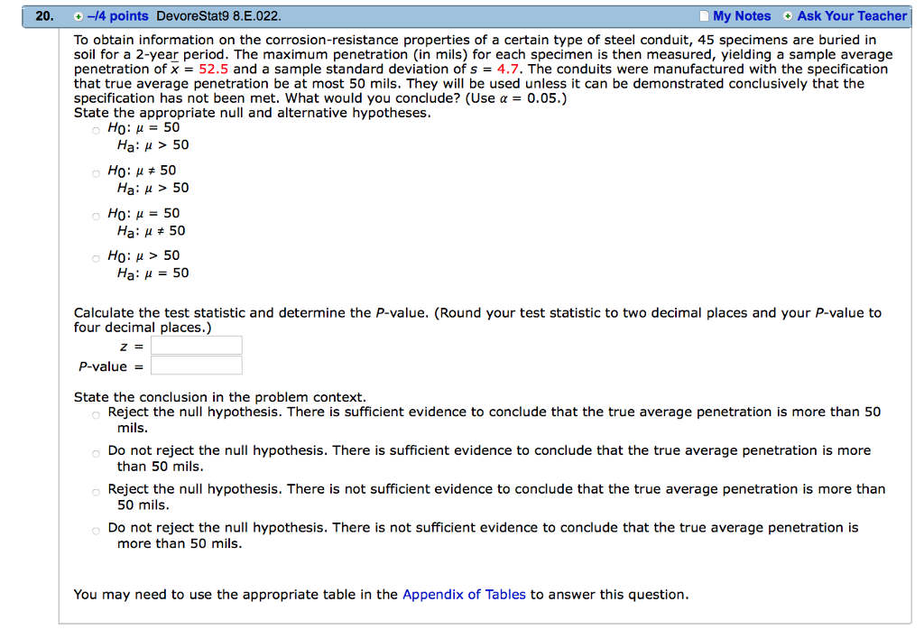 Solved 20. /4 points DevoreStat9 8.E.022 My Notes Ask Your | Chegg.com