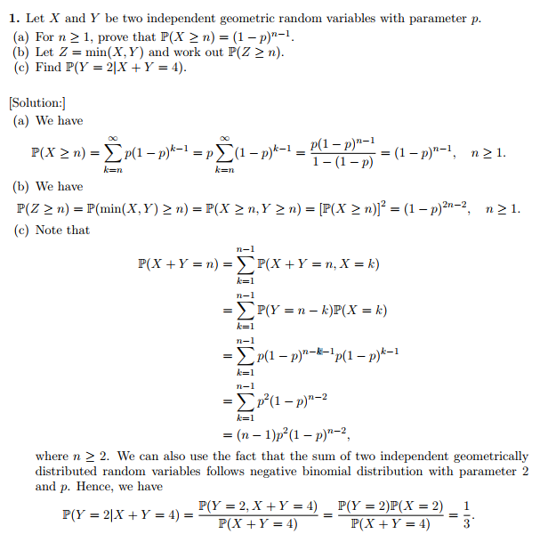 Solved Why probability of min(X,Y)>= n is same as | Chegg.com