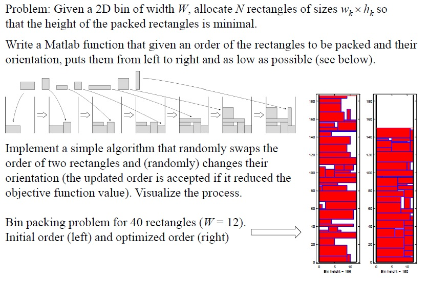 Given a 2D bin of width W, allocate N rectangles of