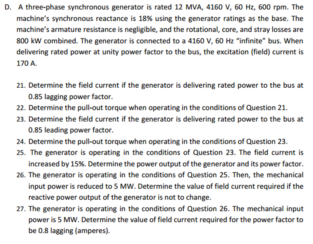 D. A three-phase synchronous generator is rated | Chegg.com